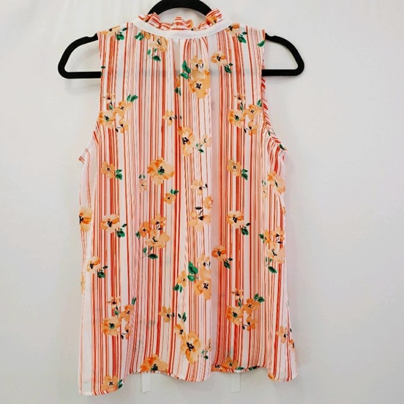Elle semi sheer peach stripe & floral ruffle neck blouse medium - Picture 2 of 9